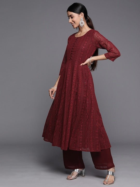 Women Maroon Floral Embroidered Chikankari Kurta with Palazzos & With Dupatta - Inddus.com