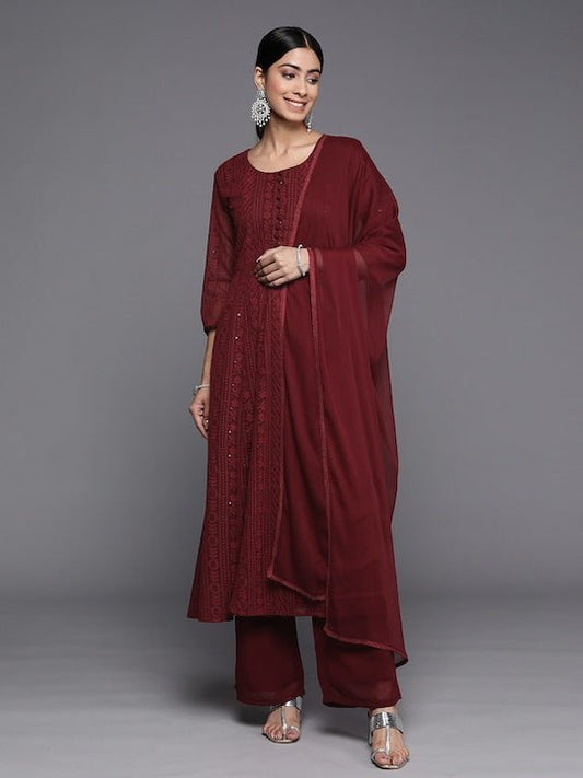 Women Maroon Floral Embroidered Chikankari Kurta with Palazzos & With Dupatta - Inddus.com