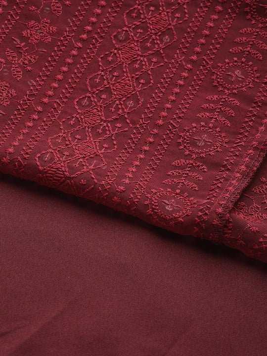 Women Maroon Floral Embroidered Chikankari Kurta with Palazzos & With Dupatta - Inddus.com