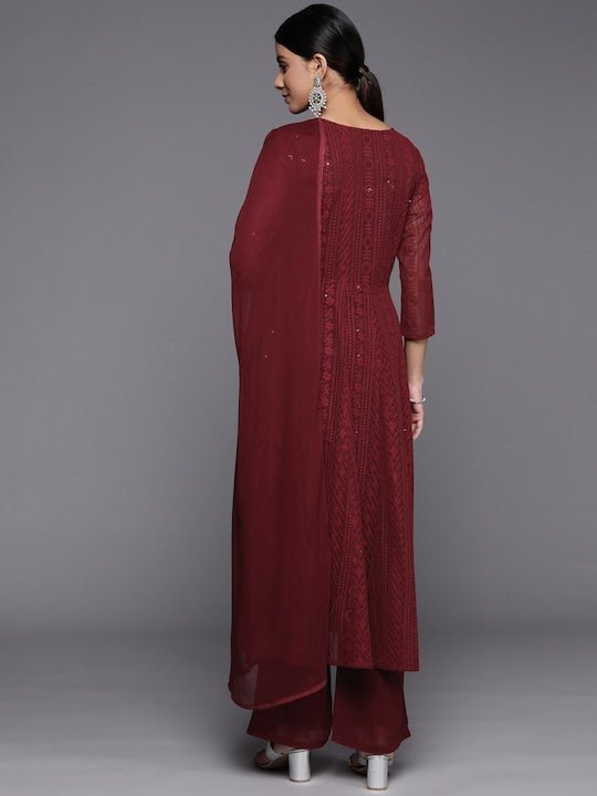 Women Maroon Floral Embroidered Chikankari Kurta with Palazzos & With Dupatta - Inddus.com