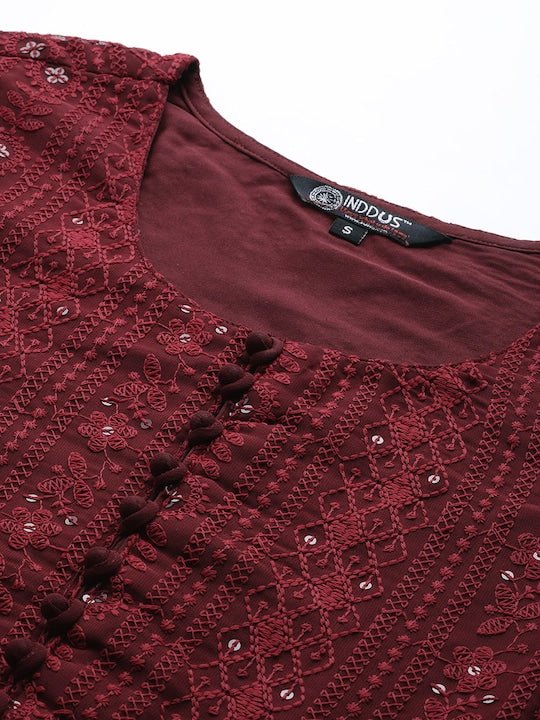 Women Maroon Floral Embroidered Chikankari Kurta with Palazzos & With Dupatta - Inddus.com