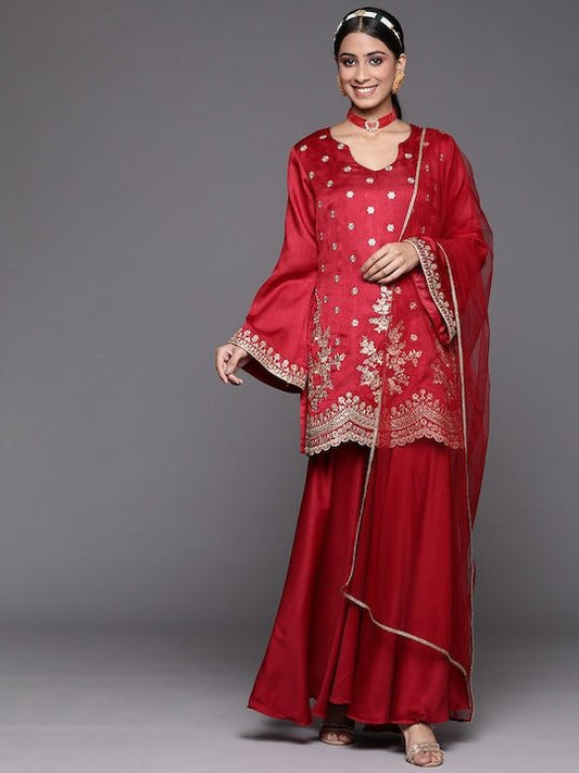 Women Maroon Floral Embroidered Kurta with Sharara & With Dupatta - Inddus.com