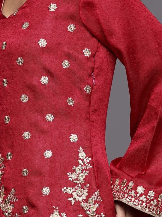 Women Maroon Floral Embroidered Kurta with Sharara & With Dupatta - Inddus.com