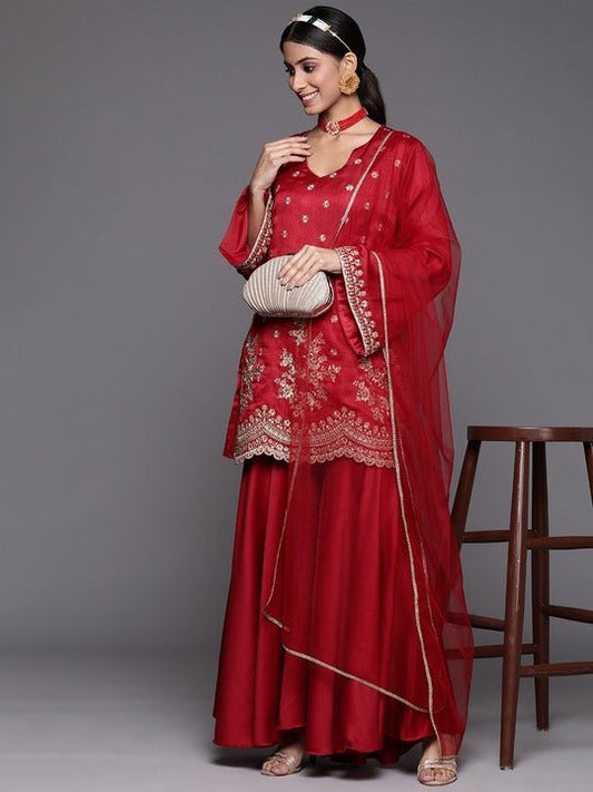 Women Maroon Floral Embroidered Kurta with Sharara & With Dupatta - Inddus.com