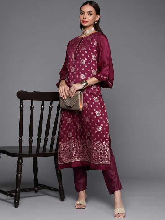 Women Maroon Floral Kurta with Trousers - Inddus.com