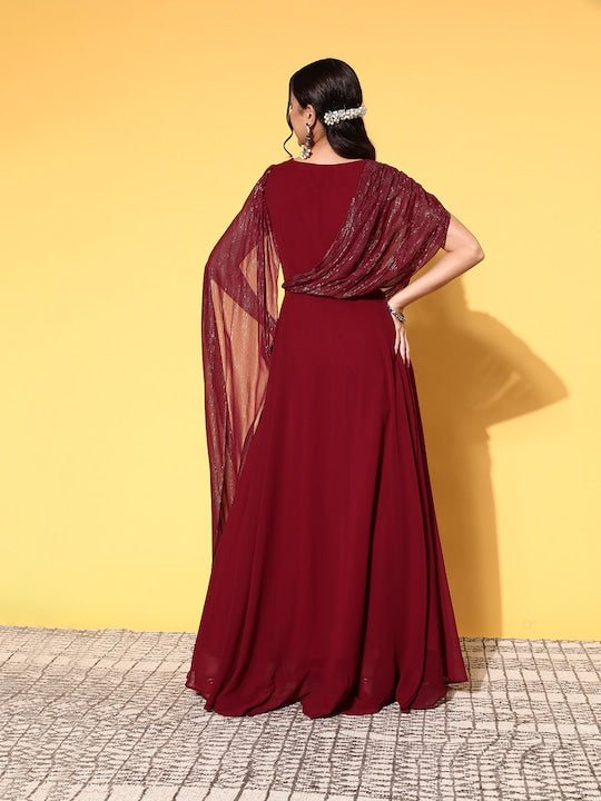 Women Maroon Georgette Elevated Gown - Inddus.com