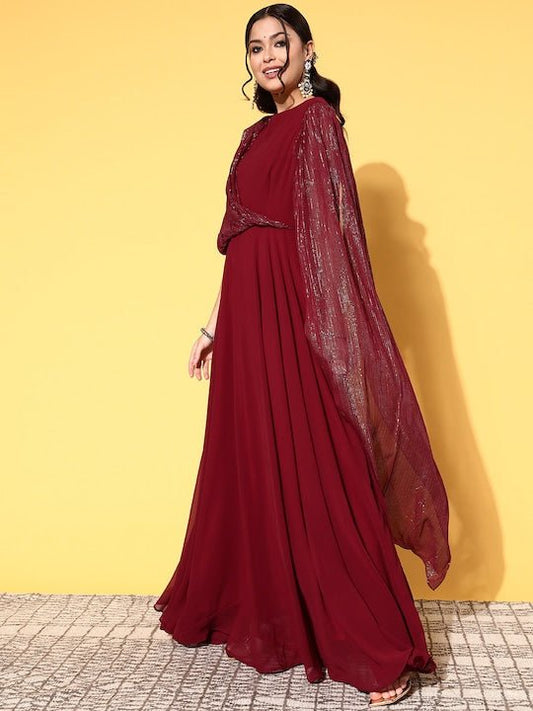 Women Maroon Georgette Elevated Gown - Inddus.com