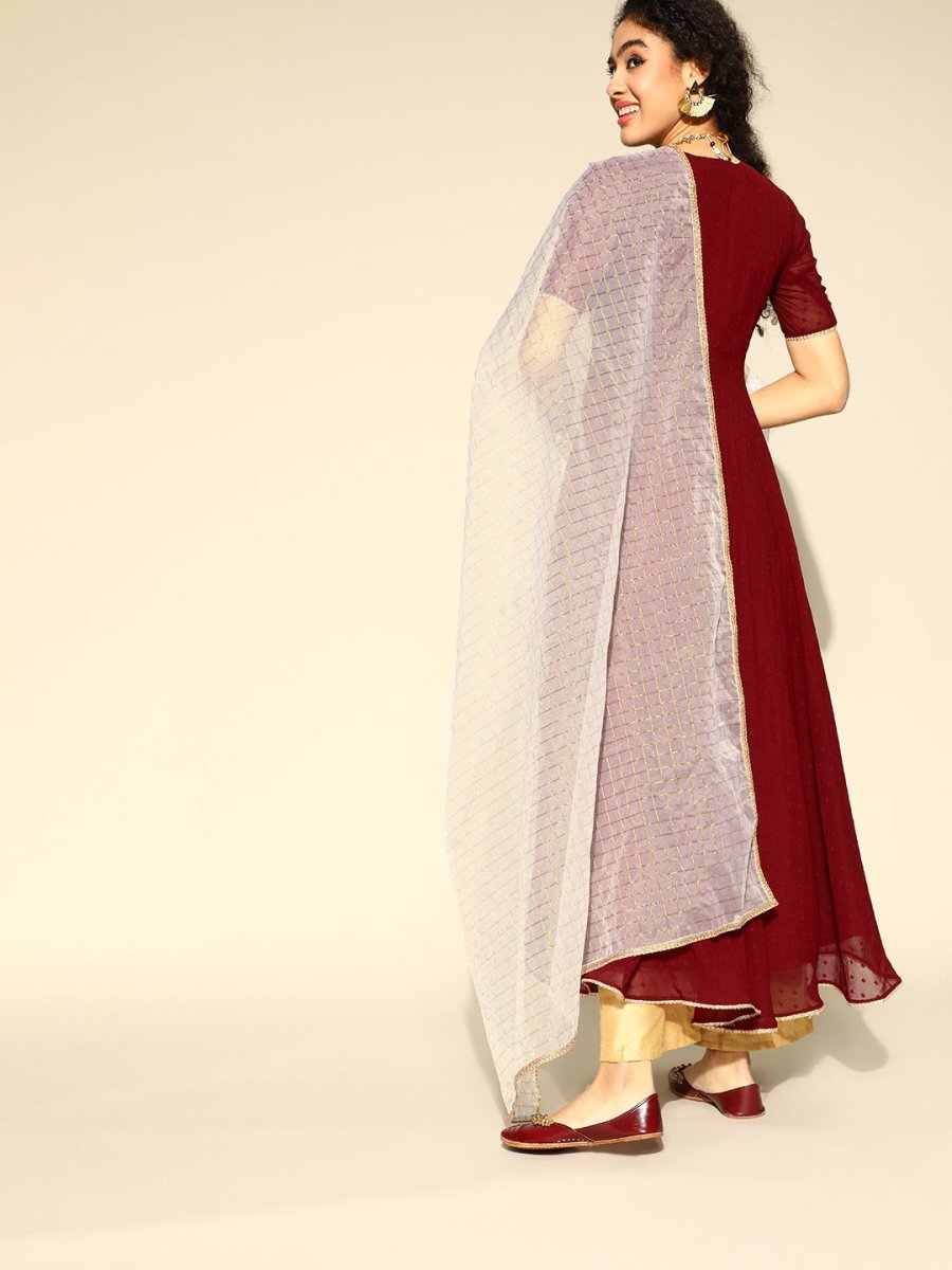 Women Maroon & Gold Solid Gotta Patti Dobby Weave Anarkali Kurta with Dupatta - Inddus.com