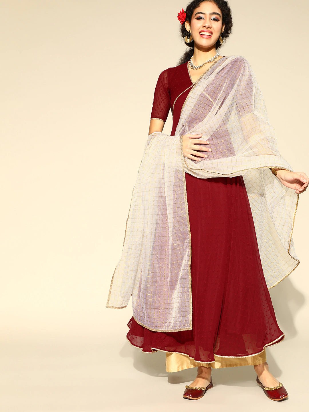 Women Maroon & Gold Solid Gotta Patti Dobby Weave Anarkali Kurta with Dupatta - Inddus.com