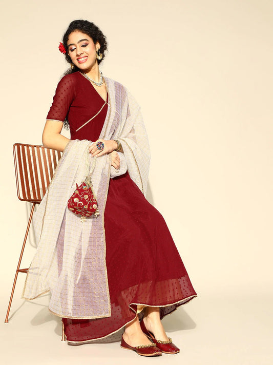 Women Maroon & Gold Solid Gotta Patti Dobby Weave Anarkali Kurta with Dupatta - Inddus.com