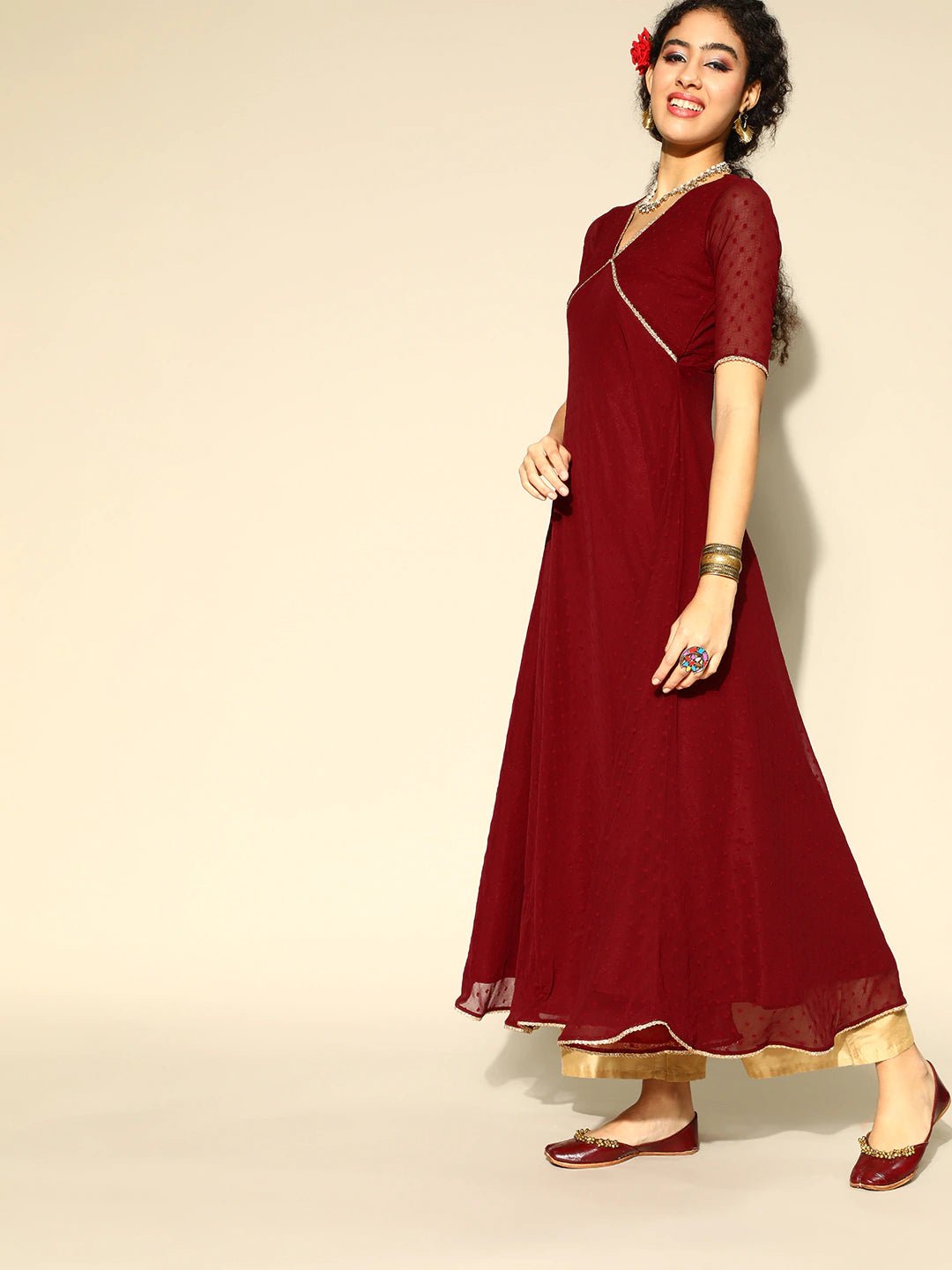 Women Maroon & Gold Solid Gotta Patti Dobby Weave Anarkali Kurta with Dupatta - Inddus.com