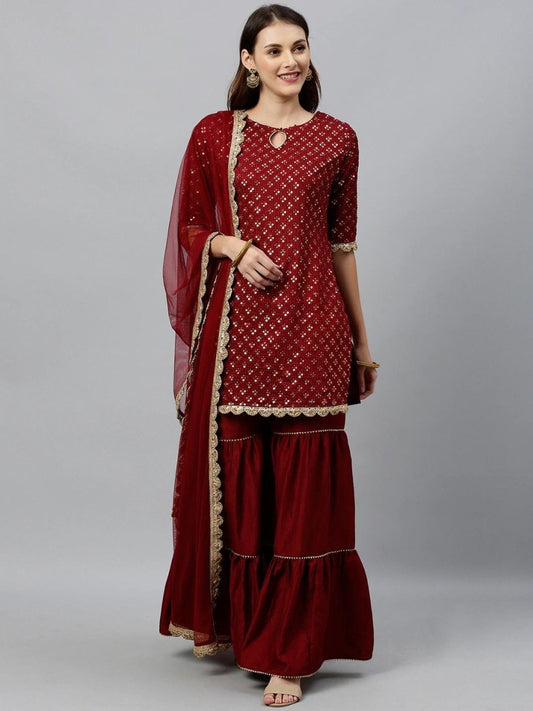 Women Maroon & Gold-Toned Embroidered Kurta with Sharara & Dupatta - inddus-us