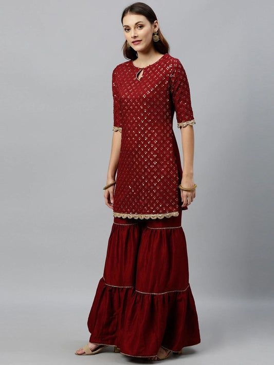 Women Maroon & Gold-Toned Embroidered Kurta with Sharara & Dupatta - inddus-us