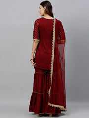 Women Maroon & Gold-Toned Embroidered Kurta with Sharara & Dupatta - inddus-us