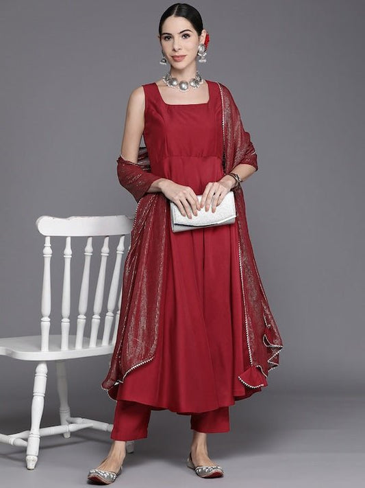 Women Maroon Kurta with Trousers & With Dupatta - Inddus.com