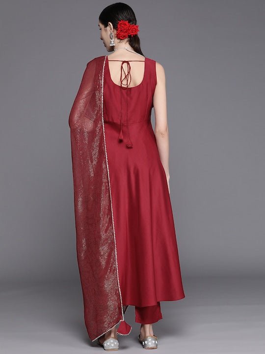 Women Maroon Kurta with Trousers & With Dupatta - Inddus.com