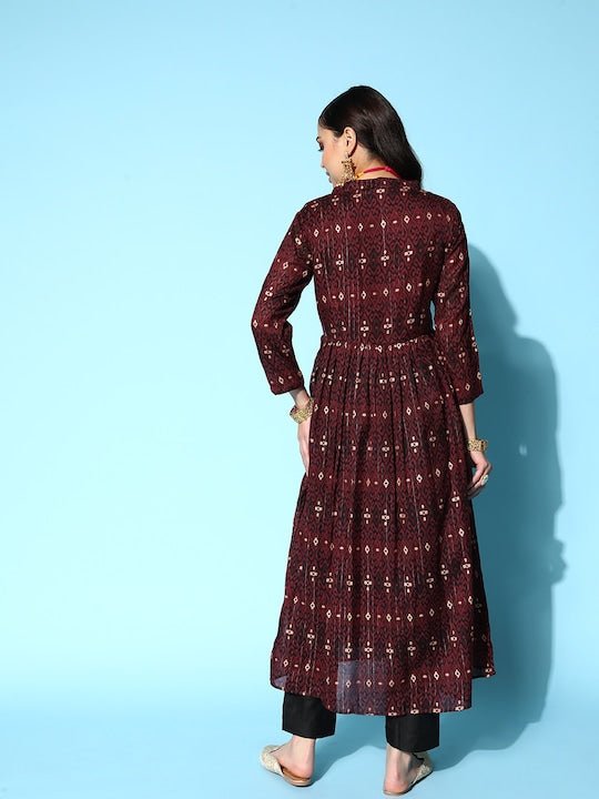 Women Maroon Pleated Pure Cotton Kurta with Trousers - Inddus.com