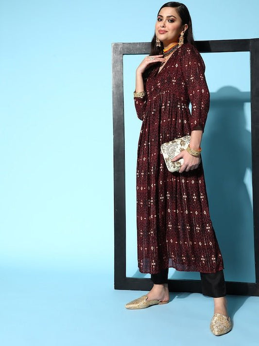 Women Maroon Pleated Pure Cotton Kurta with Trousers - Inddus.com