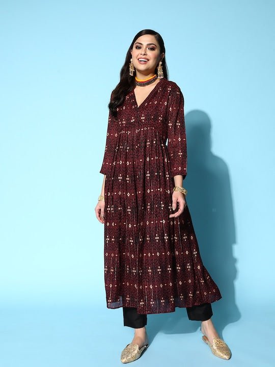 Women Maroon Pleated Pure Cotton Kurta with Trousers - Inddus.com