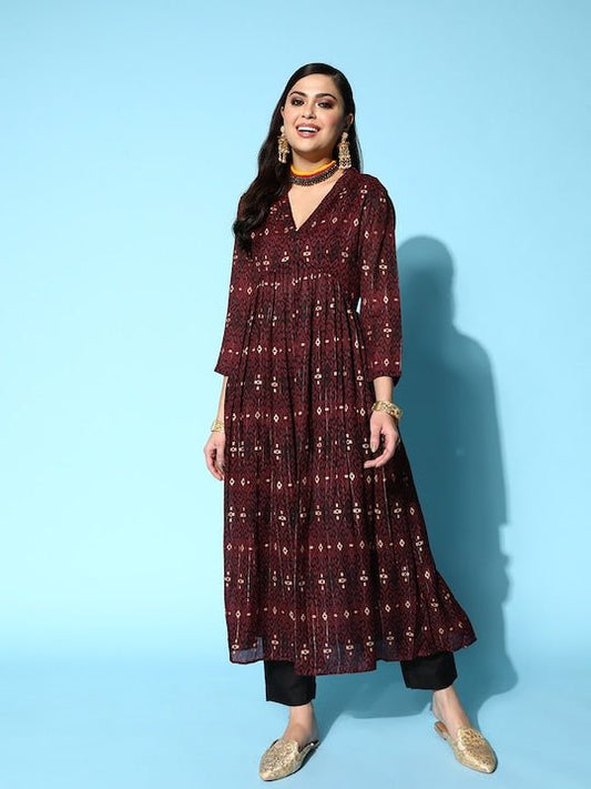 Women Maroon Pleated Pure Cotton Kurta with Trousers - Inddus.com