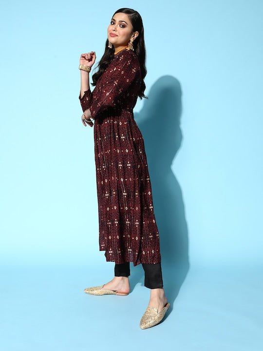 Women Maroon Pleated Pure Cotton Kurta with Trousers - Inddus.com