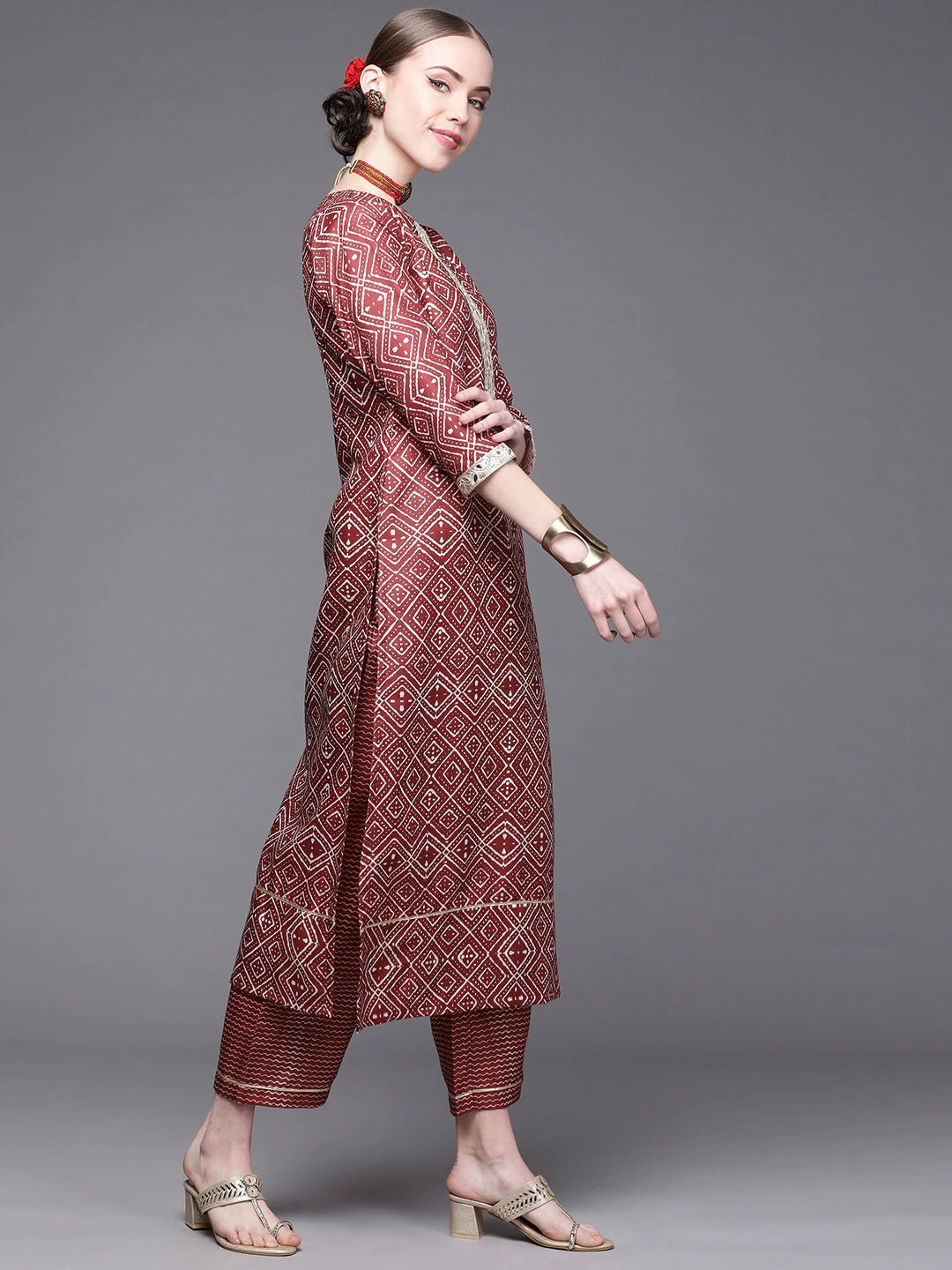 Women Maroon Printed Kurta with Palazzos - Inddus.com