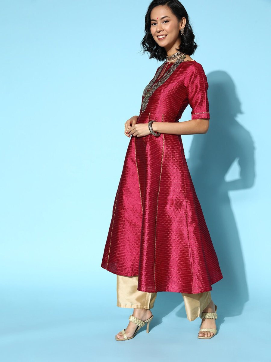 Women Maroon Silk Swirling Volume Kurta - Inddus.com