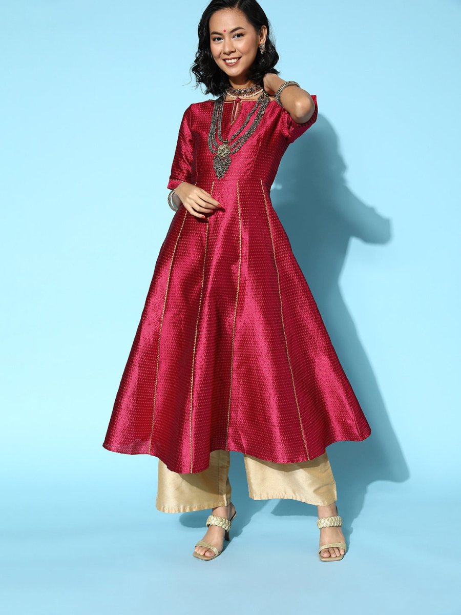 Women Maroon Silk Swirling Volume Kurta - Inddus.com