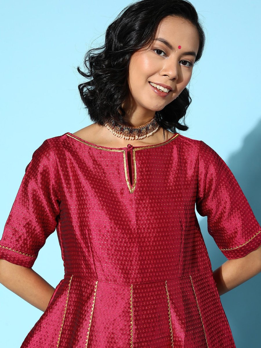 Women Maroon Silk Swirling Volume Kurta - Inddus.com