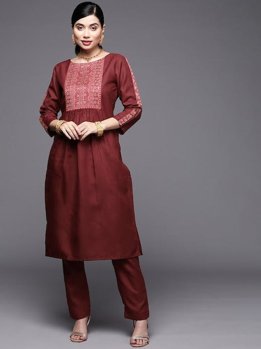 Women Maroon Yoke Design Pleated Kurta with Trousers - Inddus.com