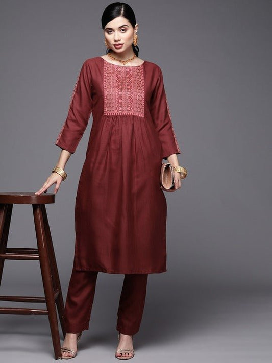 Women Maroon Yoke Design Pleated Kurta with Trousers - Inddus.com