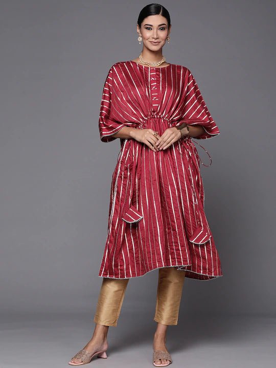 Women Maroon Zari Woven Kaftan Kurta - Inddus.com