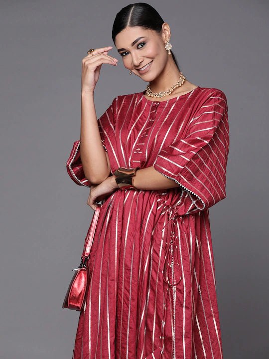 Women Maroon Zari Woven Kaftan Kurta - Inddus.com