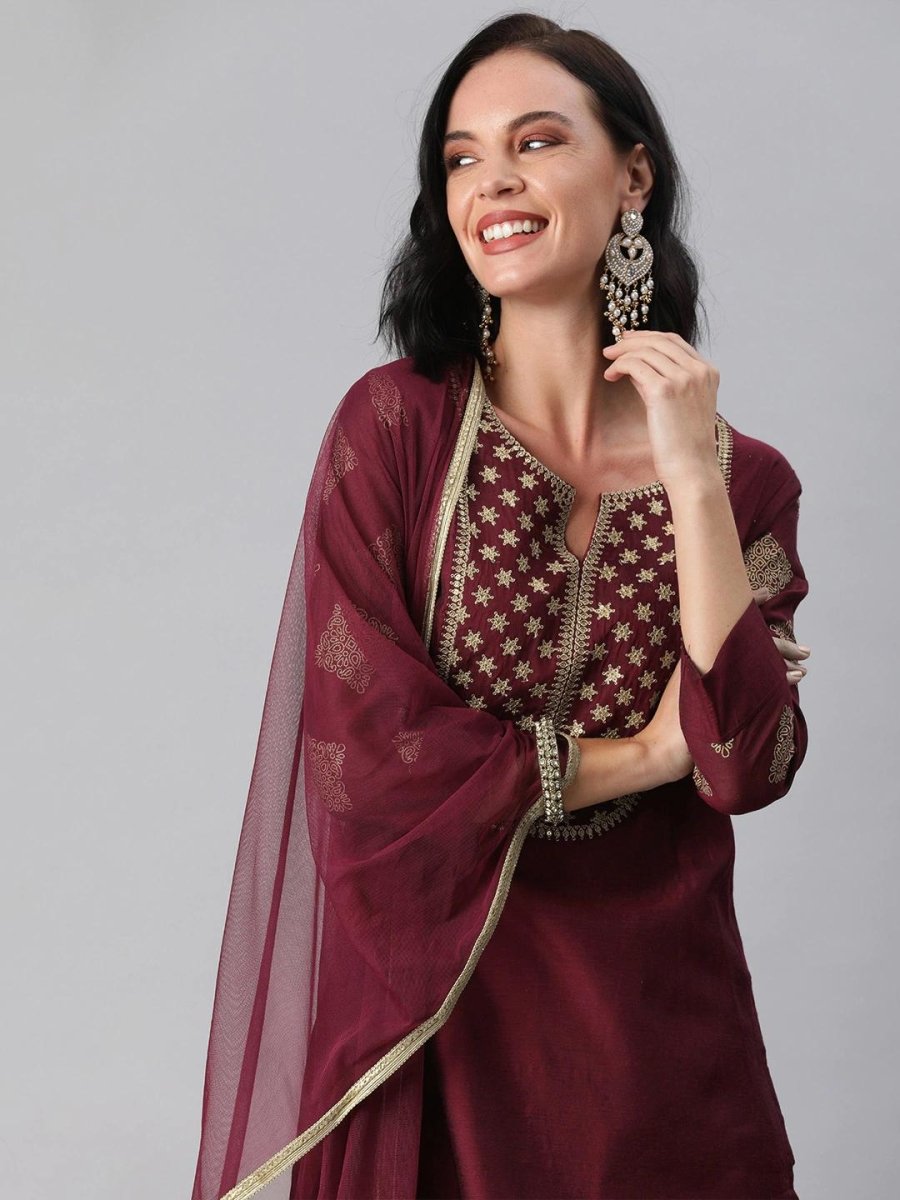 Women Maroon Zari Yoke Design Chanderi Cotton Kurta with Palazzos & Dupatta - inddus-us