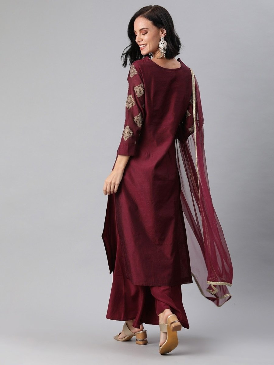 Women Maroon Zari Yoke Design Chanderi Cotton Kurta with Palazzos & Dupatta - inddus-us