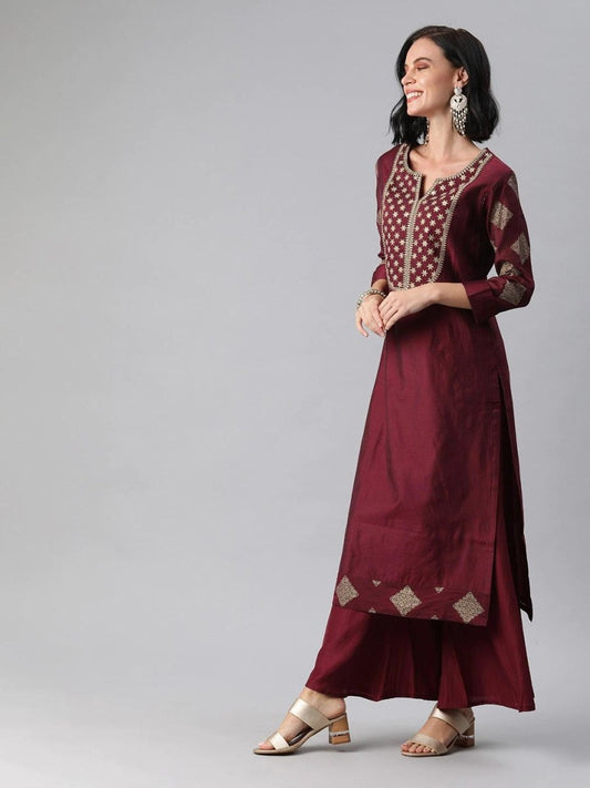 Women Maroon Zari Yoke Design Chanderi Cotton Kurta with Palazzos & Dupatta - inddus-us