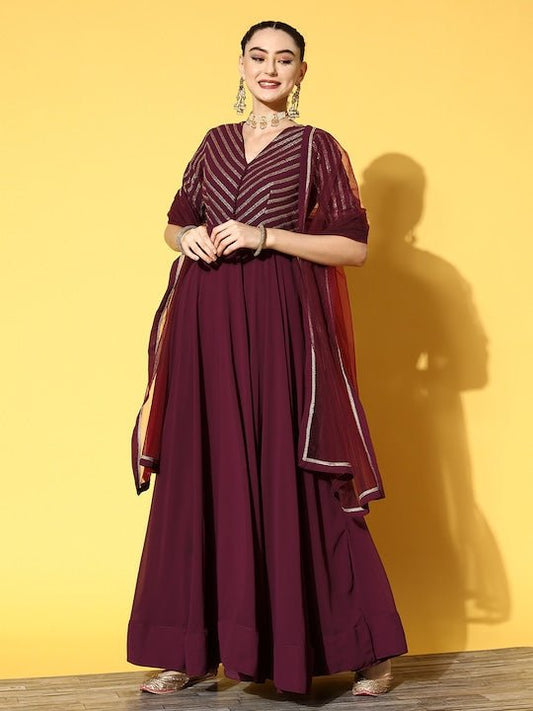 Women Mauve Embroidered Georgette Anarkali Kurta With Dupatta - Inddus.com