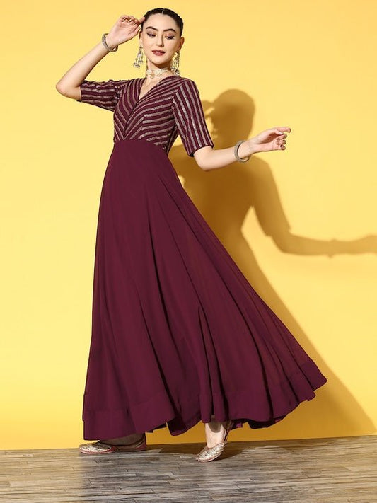 Women Mauve Embroidered Georgette Anarkali Kurta With Dupatta - Inddus.com