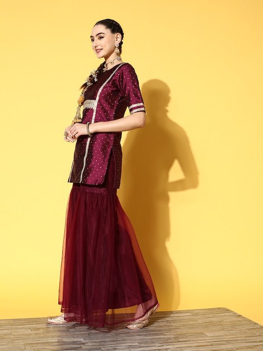 Women Mauve Embroidered Kurti with Sharara & With Dupatta - Inddus.com