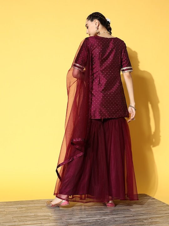 Women Mauve Embroidered Kurti with Sharara & With Dupatta - Inddus.com