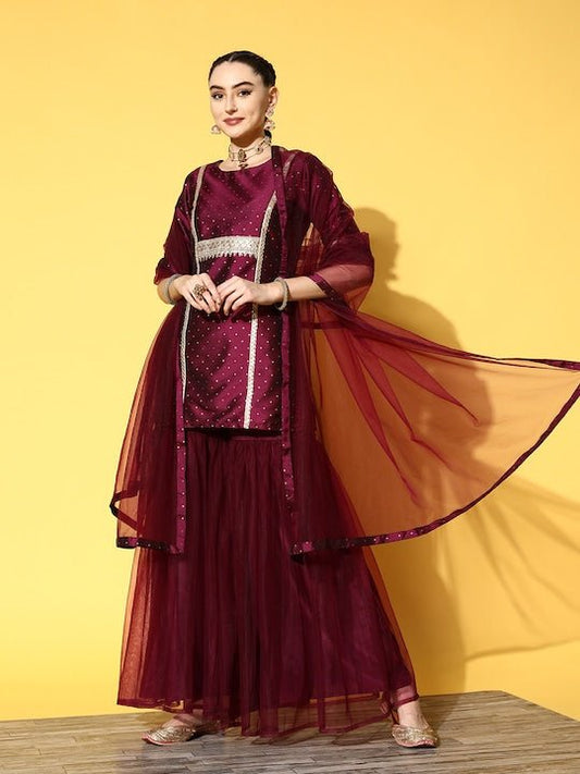 Women Mauve Embroidered Kurti with Sharara & With Dupatta - Inddus.com