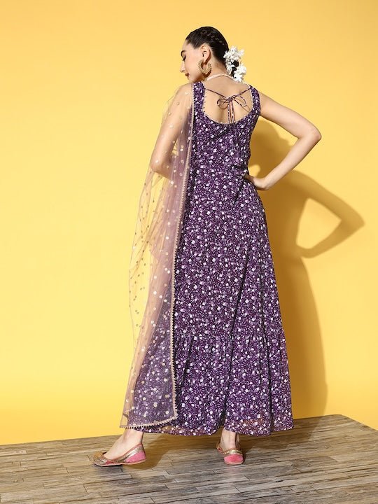 Women Mauve Ethnic Motifs Printed Georgette Kurta With Dupatta - Inddus.com