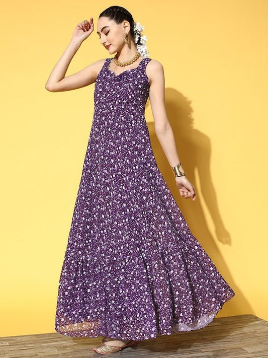 Women Mauve Ethnic Motifs Printed Georgette Kurta With Dupatta - Inddus.com