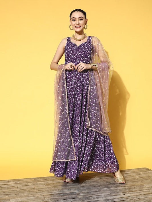 Women Mauve Ethnic Motifs Printed Georgette Kurta With Dupatta - Inddus.com