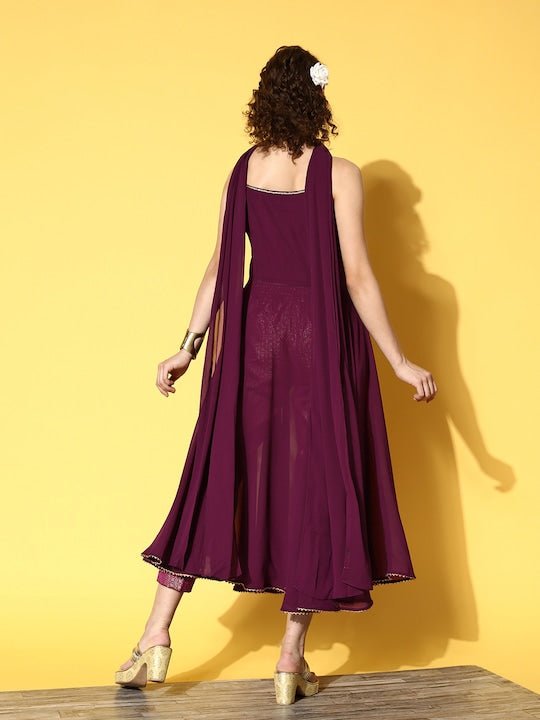 Women Mauve High Slit Gotta Patti Kurta with Trousers & With Dupatta - Inddus.com