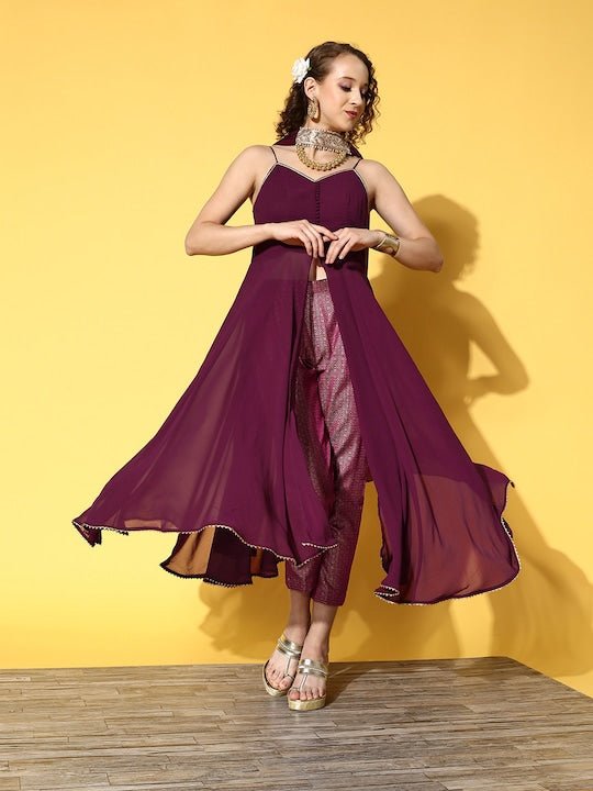 Women Mauve High Slit Gotta Patti Kurta with Trousers & With Dupatta - Inddus.com