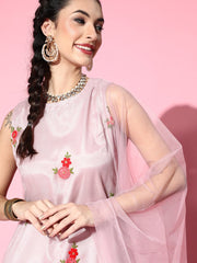 Women Mauve Pink Floral Embroidered Thread Work Net Kurti with Sharara & Dupatta - Inddus.com