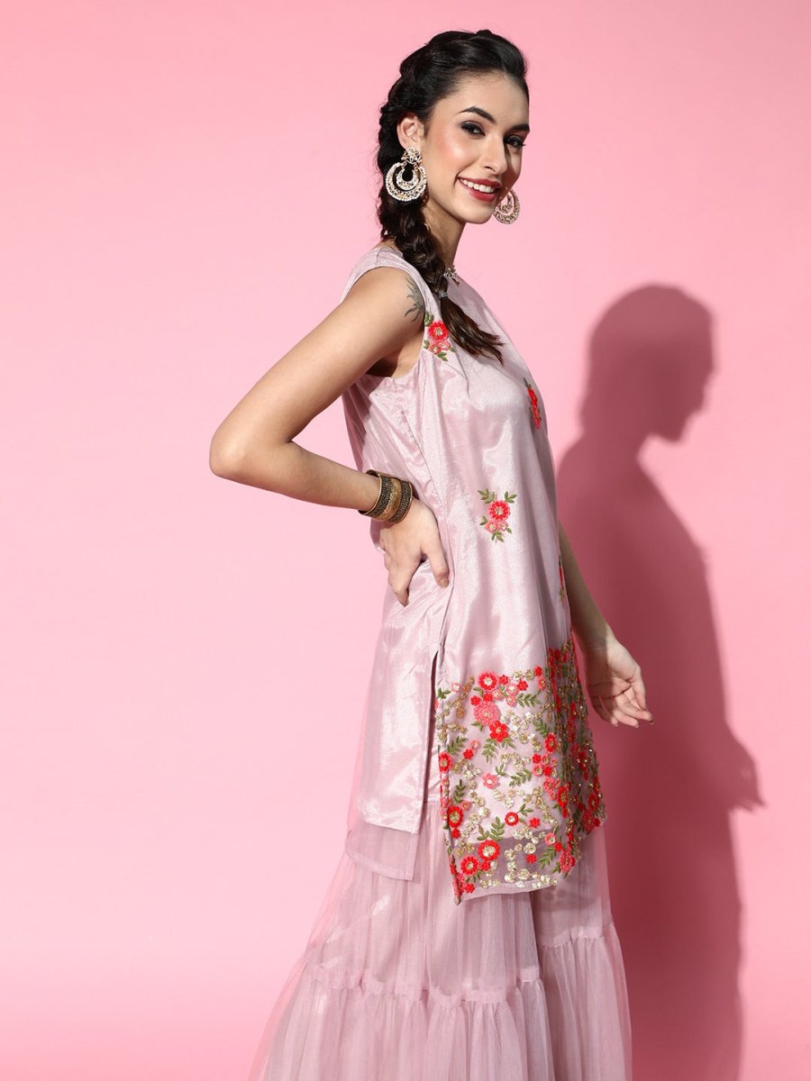 Women Mauve Pink Floral Embroidered Thread Work Net Kurti with Sharara & Dupatta - Inddus.com