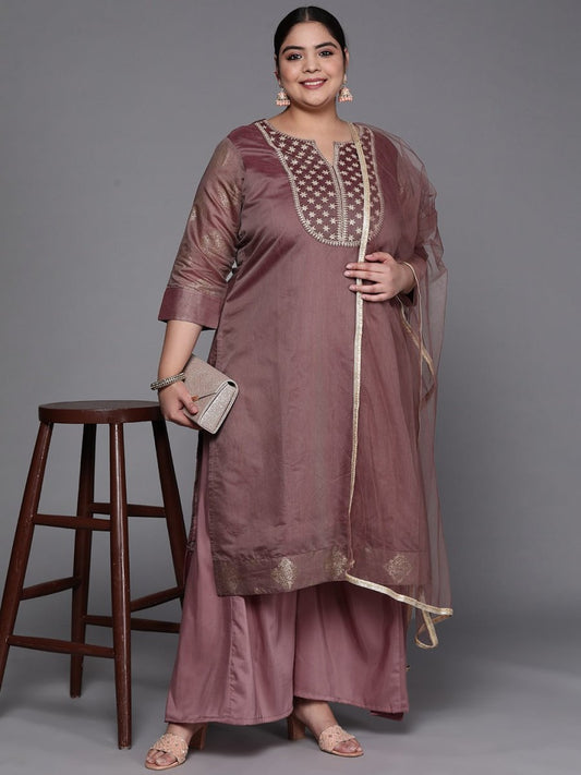 Women Mauve Yoke Design Chanderi Cotton Kurta with Palazzos & Dupatta - Inddus.com