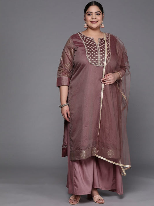 Women Mauve Yoke Design Chanderi Cotton Kurta with Palazzos & Dupatta - Inddus.com